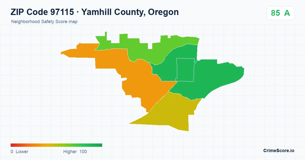 ZIP Code 97115 in Yamhill County, Oregon neighborhood Safety Score map