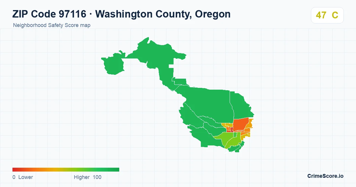 ZIP Code 97116 in Washington County, Oregon neighborhood Safety Score map
