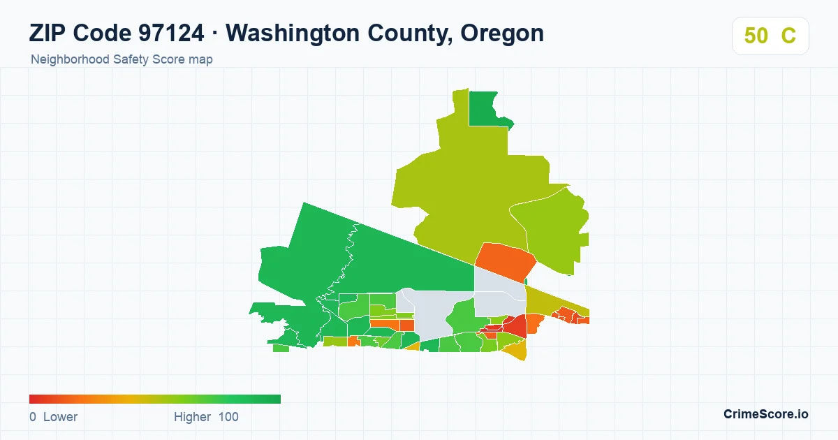 ZIP Code 97124 in Washington County, Oregon neighborhood Safety Score map