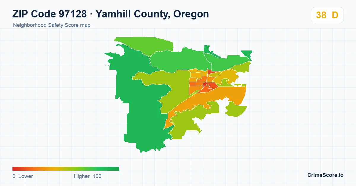 ZIP Code 97128 in Yamhill County, Oregon neighborhood Safety Score map