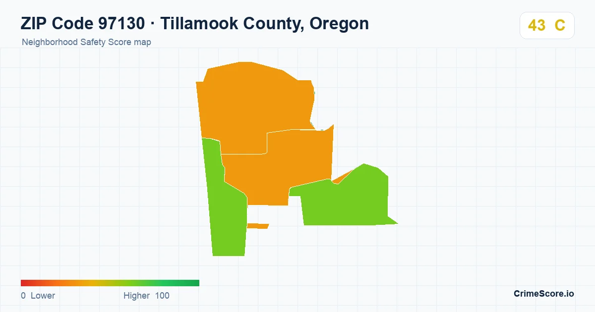 ZIP Code 97130 in Tillamook County, Oregon neighborhood Safety Score map