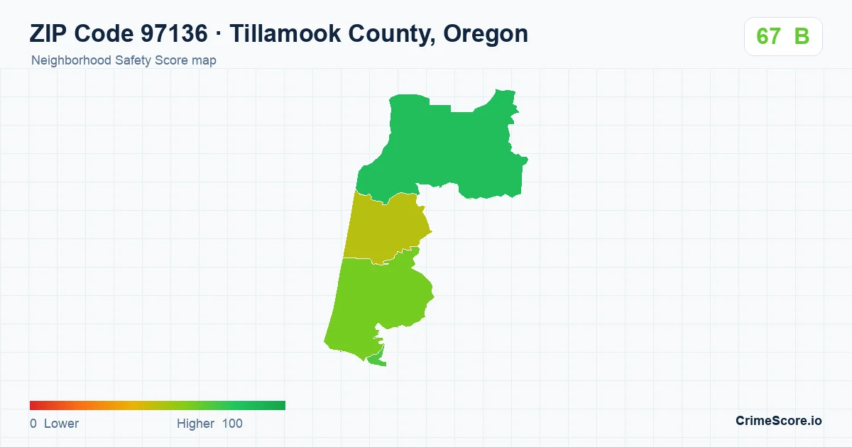 ZIP Code 97136 in Tillamook County, Oregon neighborhood Safety Score map