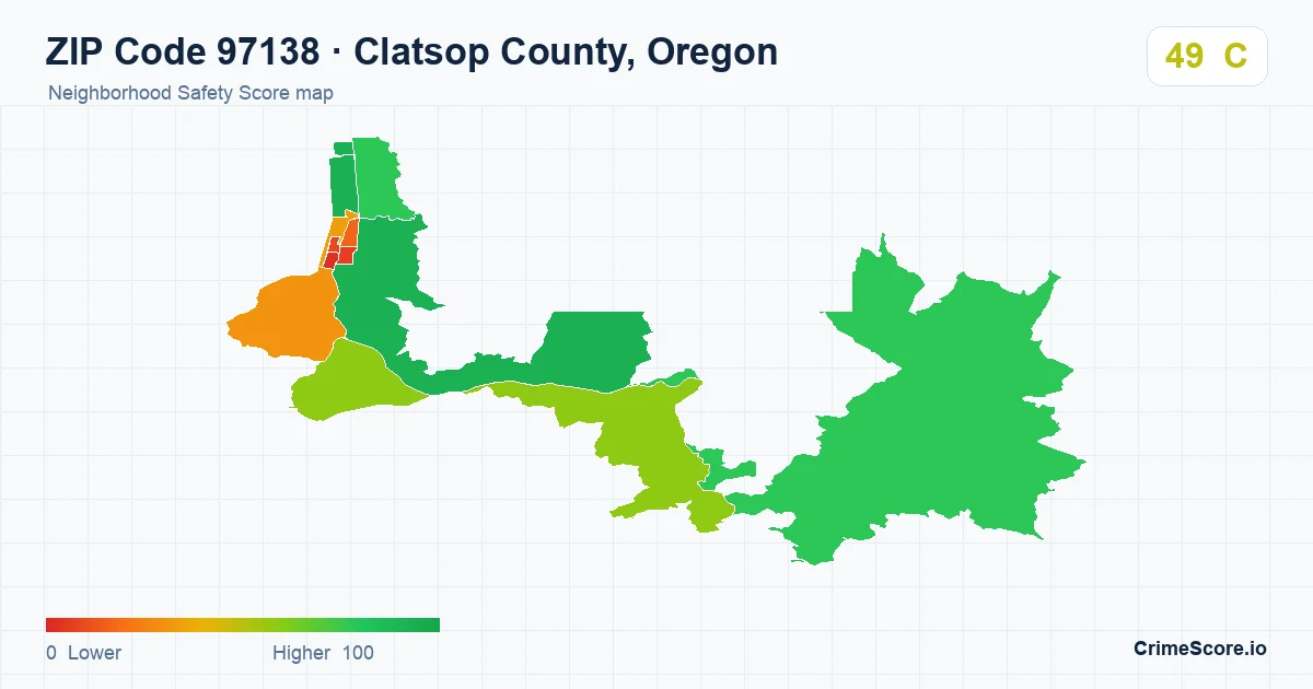 ZIP Code 97138 in Clatsop County, Oregon neighborhood Safety Score map