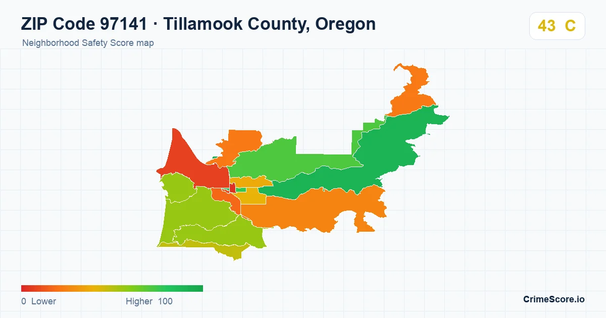 ZIP Code 97141 in Tillamook County, Oregon neighborhood Safety Score map