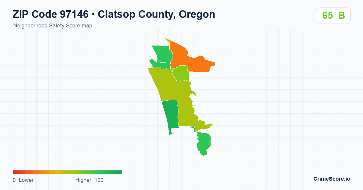 ZIP Code 97146 in Clatsop County, Oregon neighborhood Safety Score map