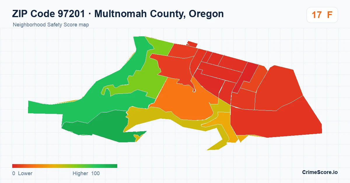 ZIP Code 97201 in Multnomah County, Oregon neighborhood Safety Score map