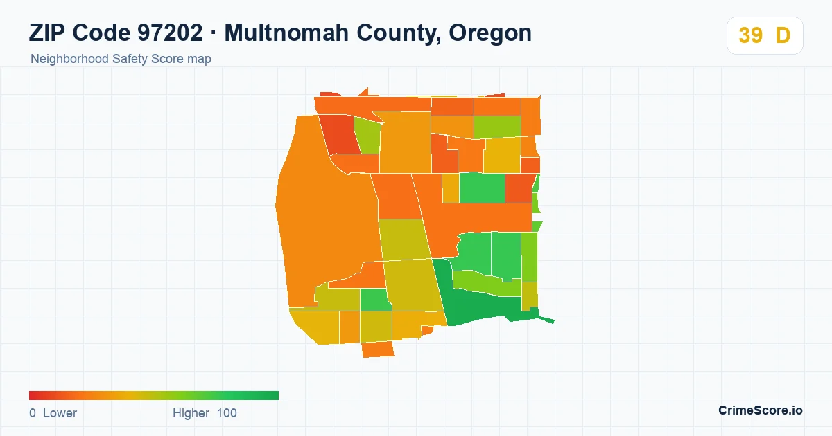 ZIP Code 97202 in Multnomah County, Oregon neighborhood Safety Score map