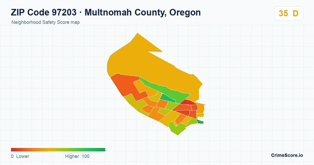 ZIP Code 97203 in Multnomah County, Oregon neighborhood Safety Score map