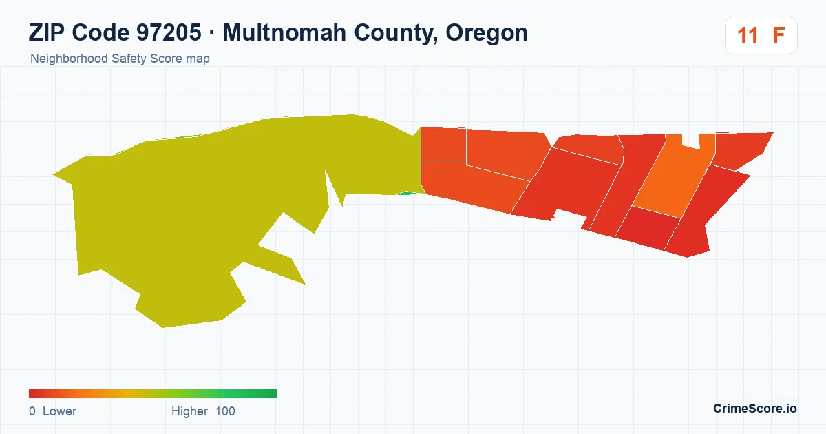 ZIP Code 97205 in Multnomah County, Oregon neighborhood Safety Score map