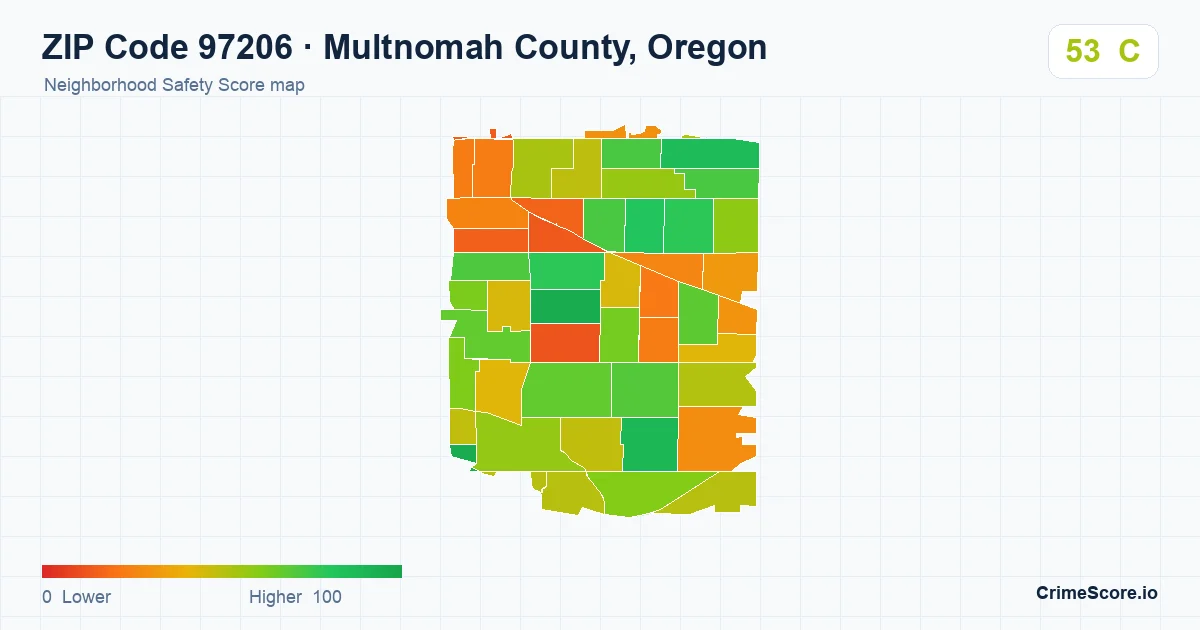ZIP Code 97206 in Multnomah County, Oregon neighborhood Safety Score map