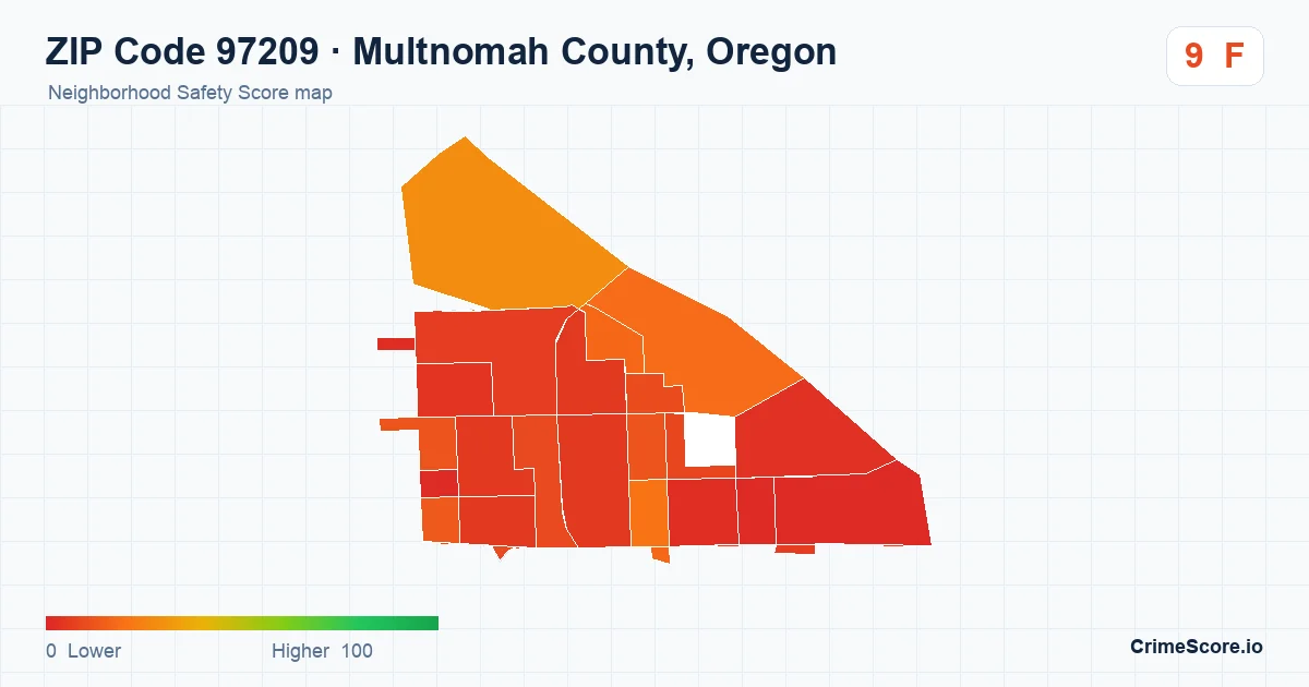 ZIP Code 97209 in Multnomah County, Oregon neighborhood Safety Score map