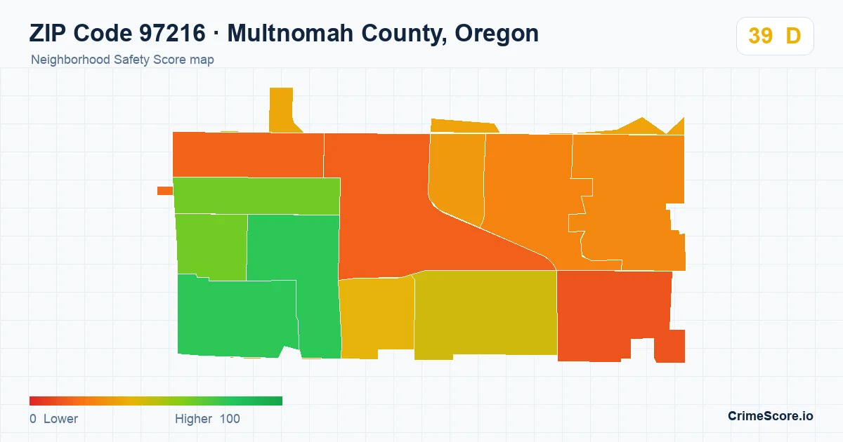 ZIP Code 97216 in Multnomah County, Oregon neighborhood Safety Score map