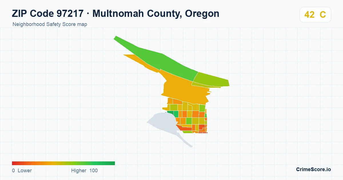 ZIP Code 97217 in Multnomah County, Oregon neighborhood Safety Score map