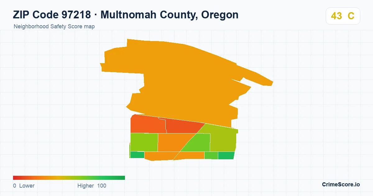 ZIP Code 97218 in Multnomah County, Oregon neighborhood Safety Score map