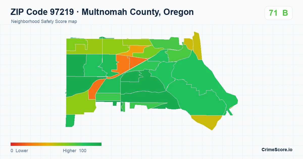 ZIP Code 97219 in Multnomah County, Oregon neighborhood Safety Score map