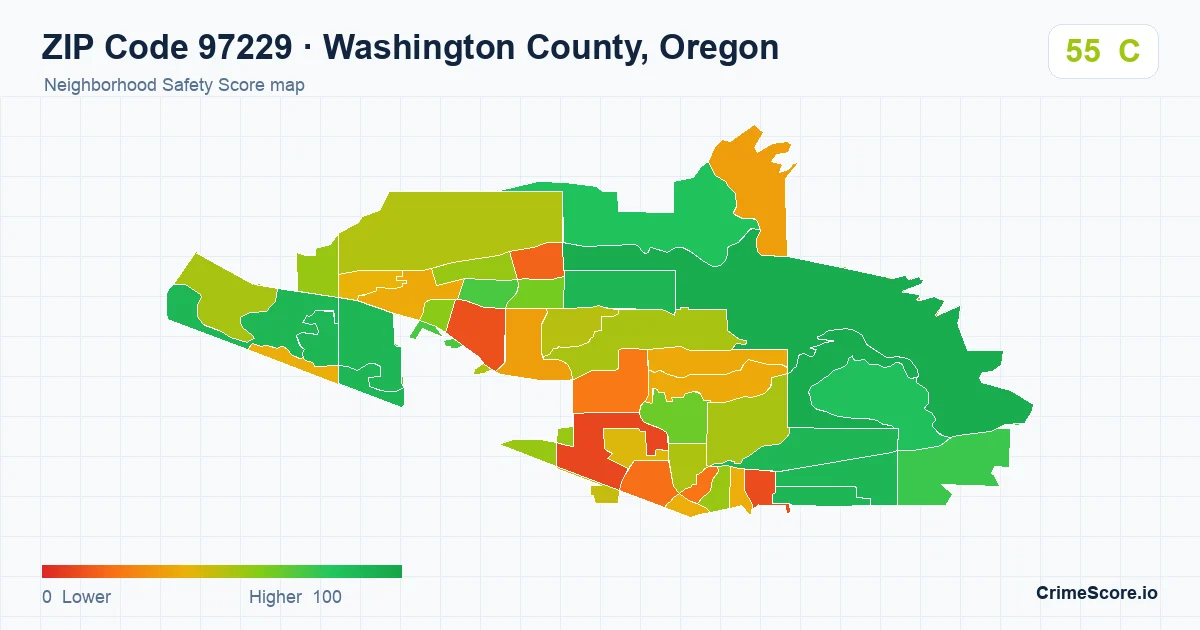 ZIP Code 97229 in Washington County, Oregon neighborhood Safety Score map