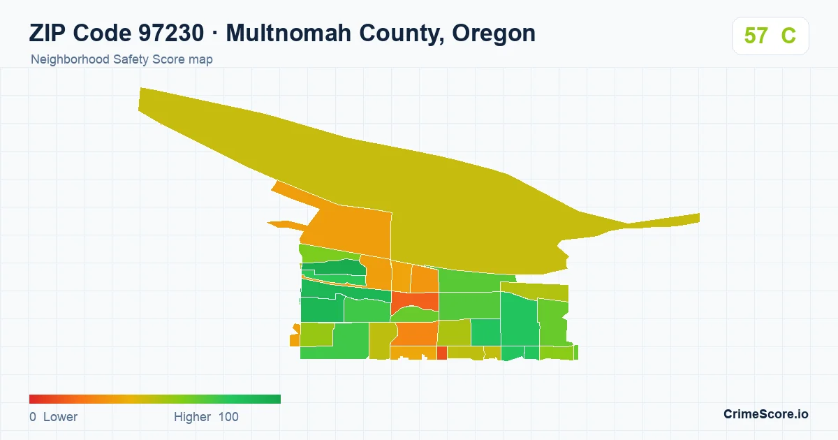 ZIP Code 97230 in Multnomah County, Oregon neighborhood Safety Score map