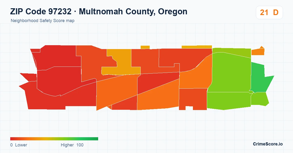 ZIP Code 97232 in Multnomah County, Oregon neighborhood Safety Score map