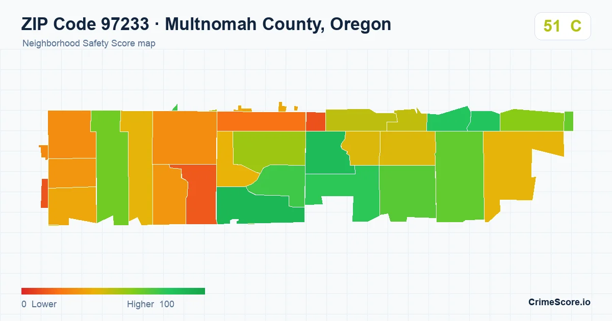 ZIP Code 97233 in Multnomah County, Oregon neighborhood Safety Score map