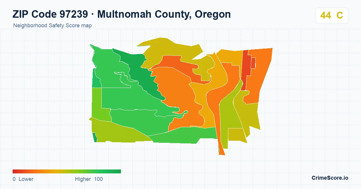 ZIP Code 97239 in Multnomah County, Oregon neighborhood Safety Score map