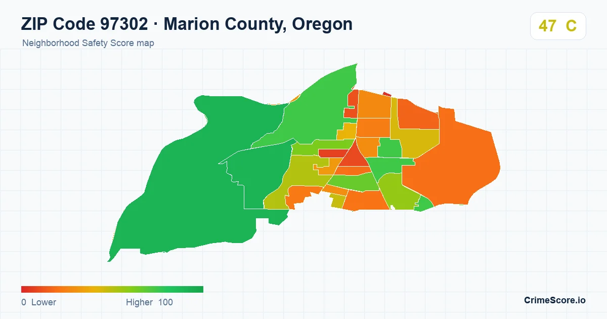 ZIP Code 97302 in Marion County, Oregon neighborhood Safety Score map