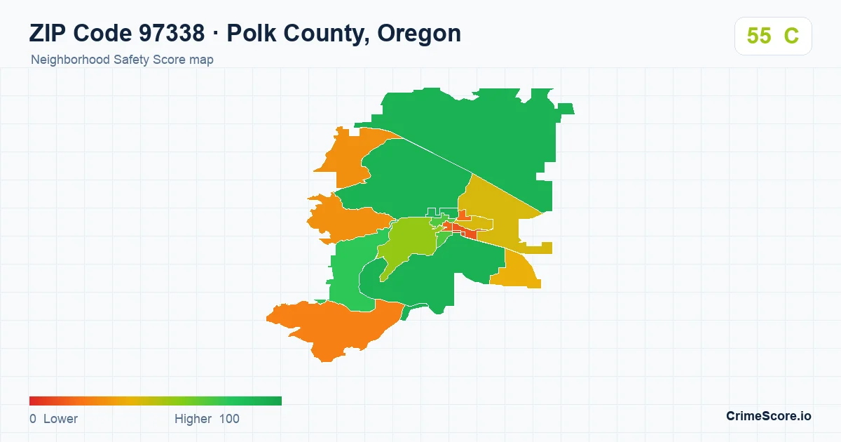 ZIP Code 97338 in Polk County, Oregon neighborhood Safety Score map
