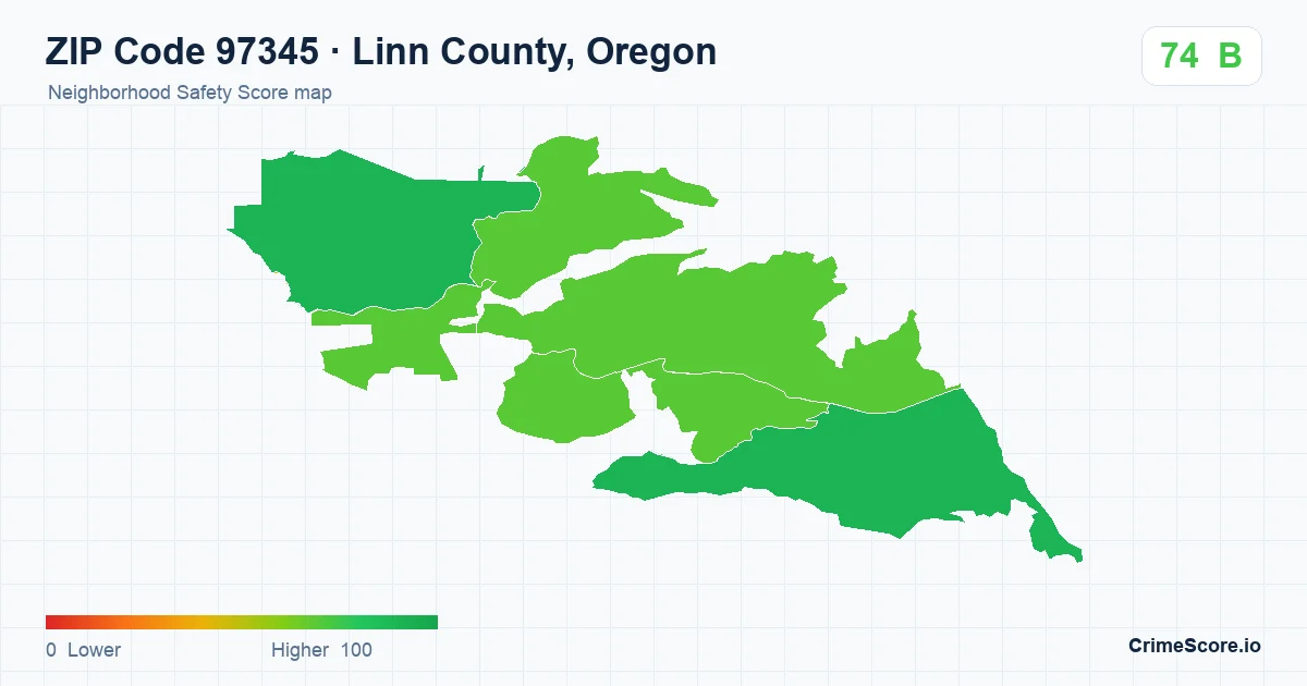 ZIP Code 97345 in Linn County, Oregon neighborhood Safety Score map