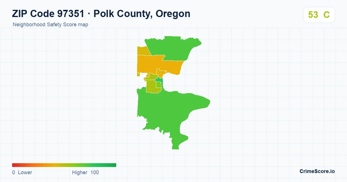 ZIP Code 97351 in Polk County, Oregon neighborhood Safety Score map