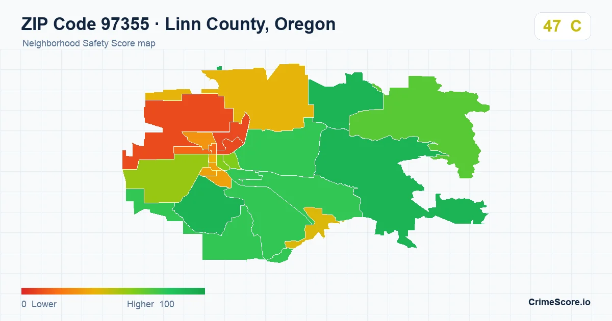 ZIP Code 97355 in Linn County, Oregon neighborhood Safety Score map