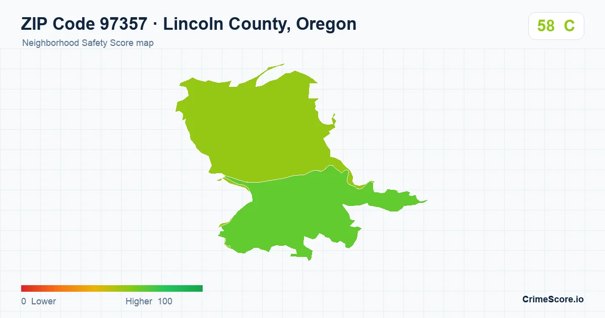 ZIP Code 97357 in Lincoln County, Oregon neighborhood Safety Score map