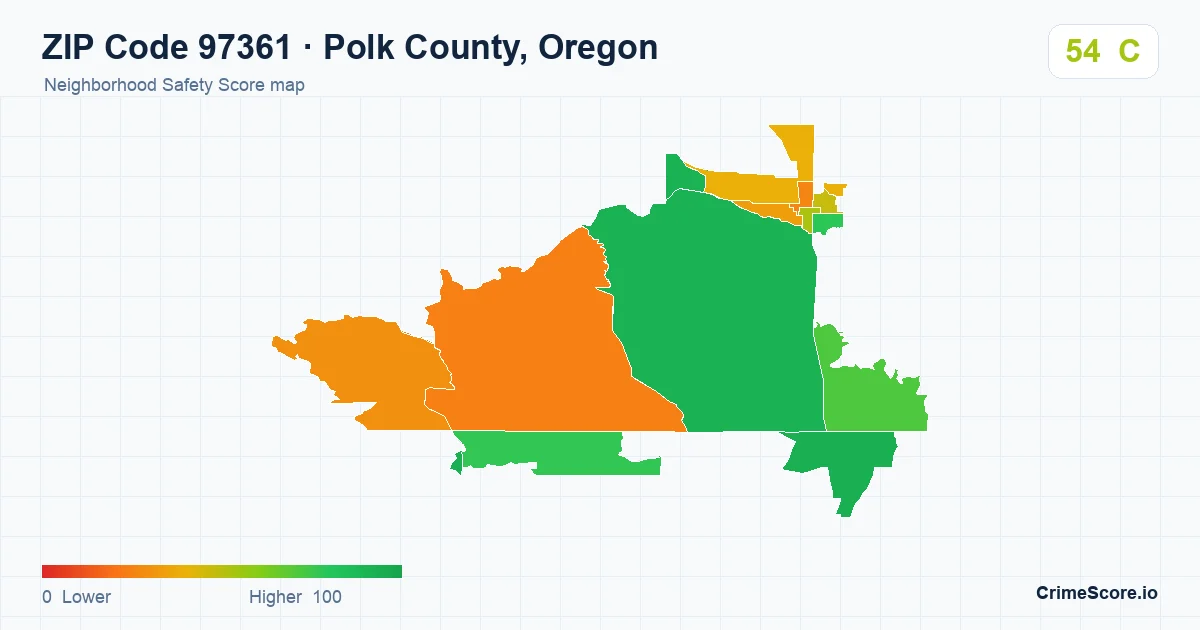 ZIP Code 97361 in Polk County, Oregon neighborhood Safety Score map