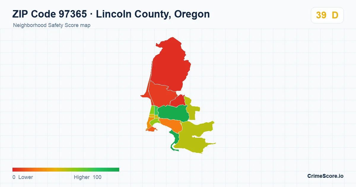 ZIP Code 97365 in Lincoln County, Oregon neighborhood Safety Score map