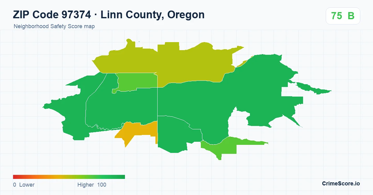 ZIP Code 97374 in Linn County, Oregon neighborhood Safety Score map