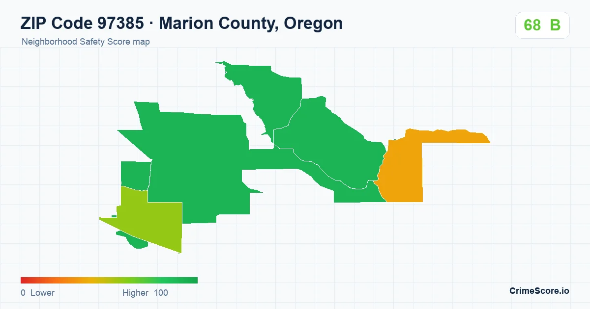 ZIP Code 97385 in Marion County, Oregon neighborhood Safety Score map
