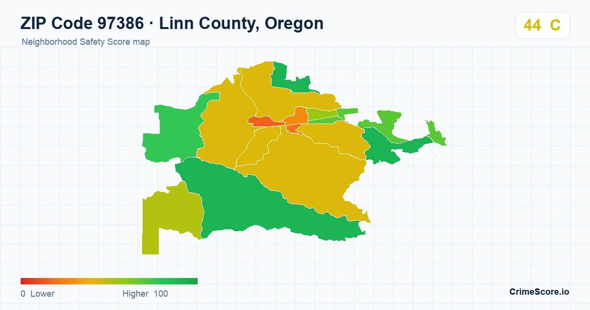 ZIP Code 97386 in Linn County, Oregon neighborhood Safety Score map