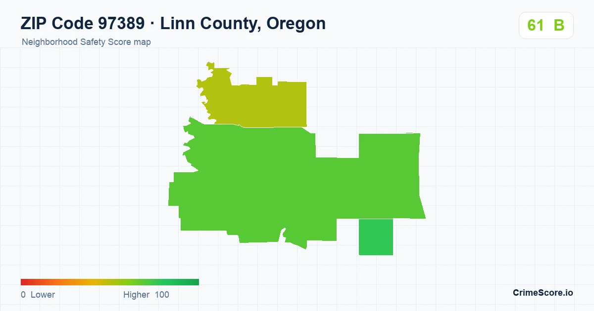 ZIP Code 97389 in Linn County, Oregon neighborhood Safety Score map