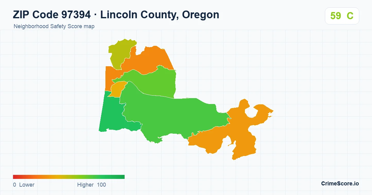ZIP Code 97394 in Lincoln County, Oregon neighborhood Safety Score map