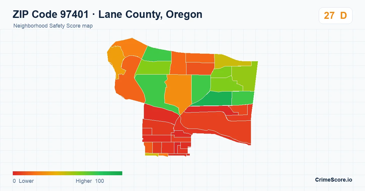 ZIP Code 97401 in Lane County, Oregon neighborhood Safety Score map