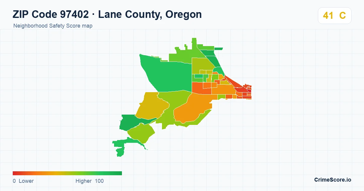 ZIP Code 97402 in Lane County, Oregon neighborhood Safety Score map