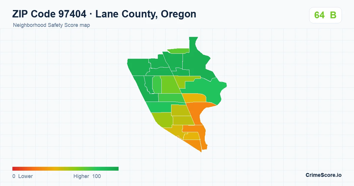ZIP Code 97404 in Lane County, Oregon neighborhood Safety Score map