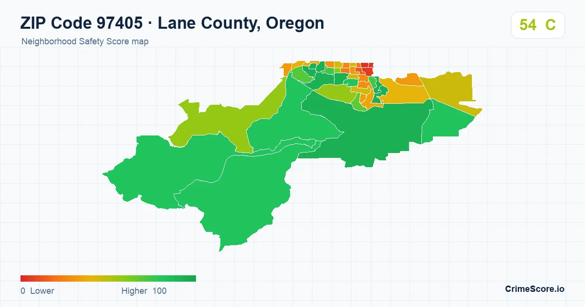 ZIP Code 97405 in Lane County, Oregon neighborhood Safety Score map