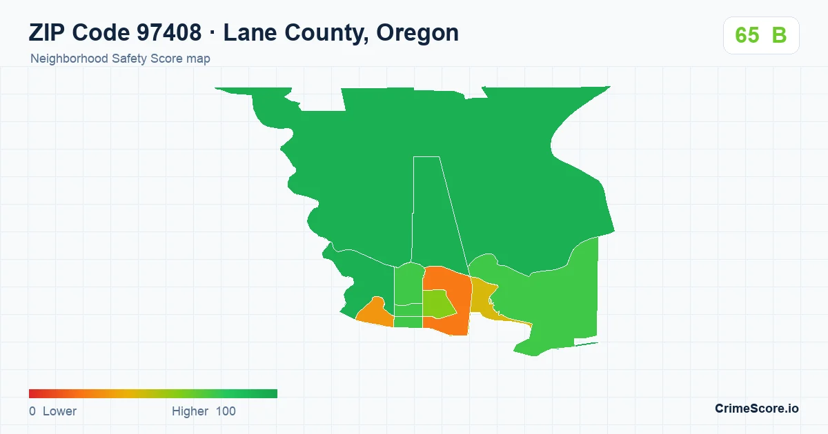 ZIP Code 97408 in Lane County, Oregon neighborhood Safety Score map