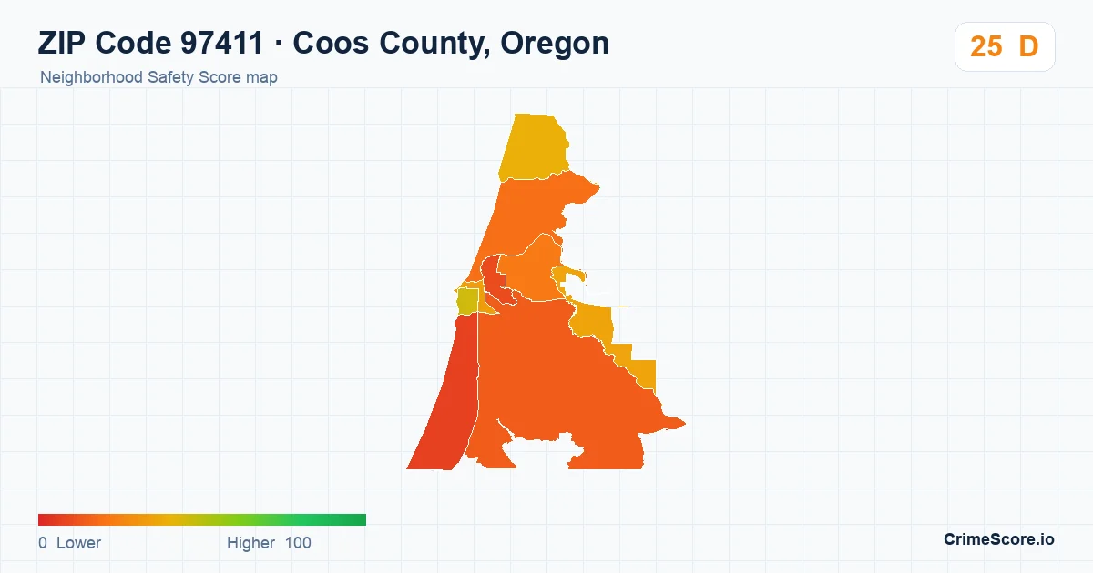 ZIP Code 97411 in Coos County, Oregon neighborhood Safety Score map