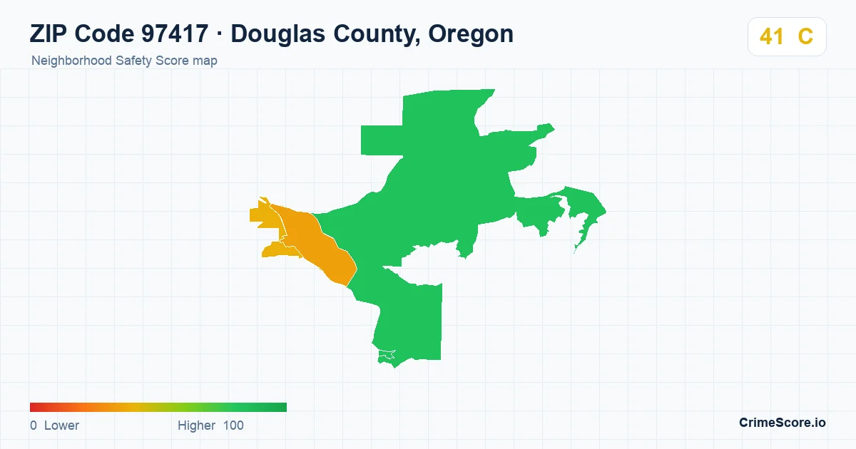 ZIP Code 97417 in Douglas County, Oregon neighborhood Safety Score map