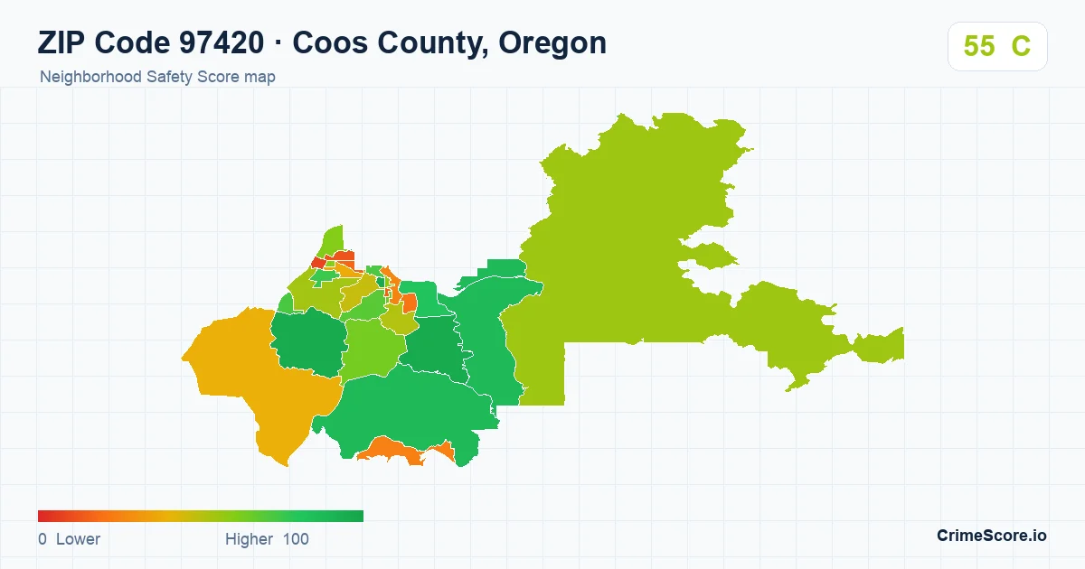 ZIP Code 97420 in Coos County, Oregon neighborhood Safety Score map