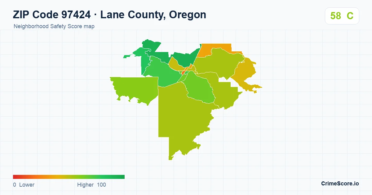 ZIP Code 97424 in Lane County, Oregon neighborhood Safety Score map