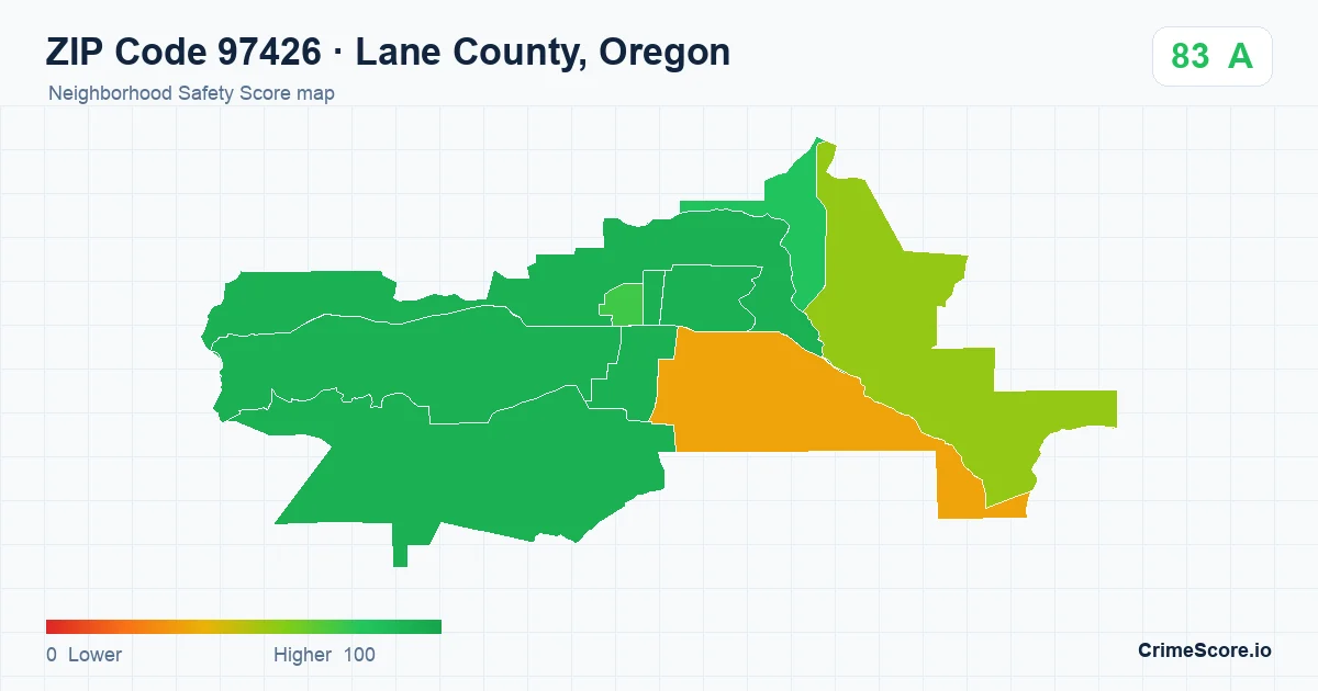 ZIP Code 97426 in Lane County, Oregon neighborhood Safety Score map