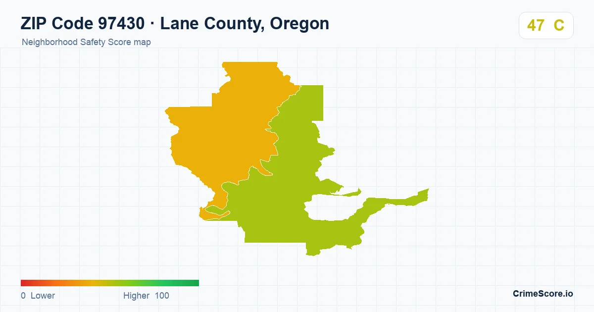 ZIP Code 97430 in Lane County, Oregon neighborhood Safety Score map