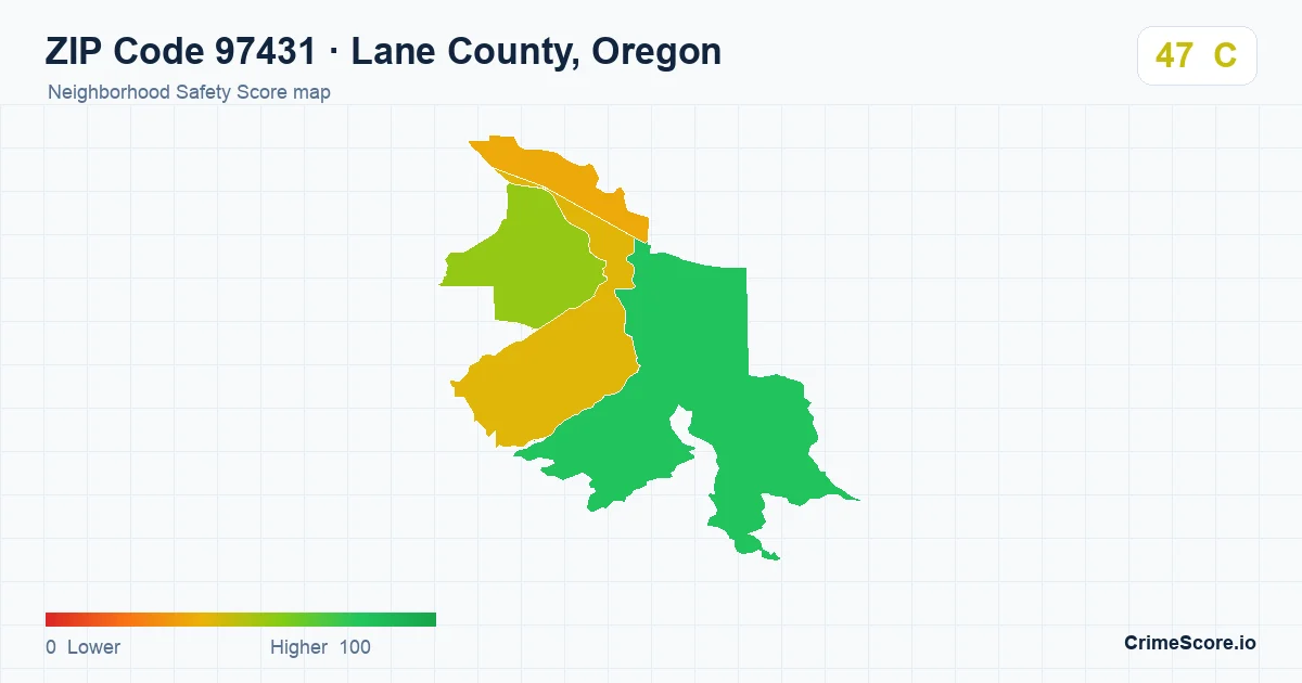 ZIP Code 97431 in Lane County, Oregon neighborhood Safety Score map