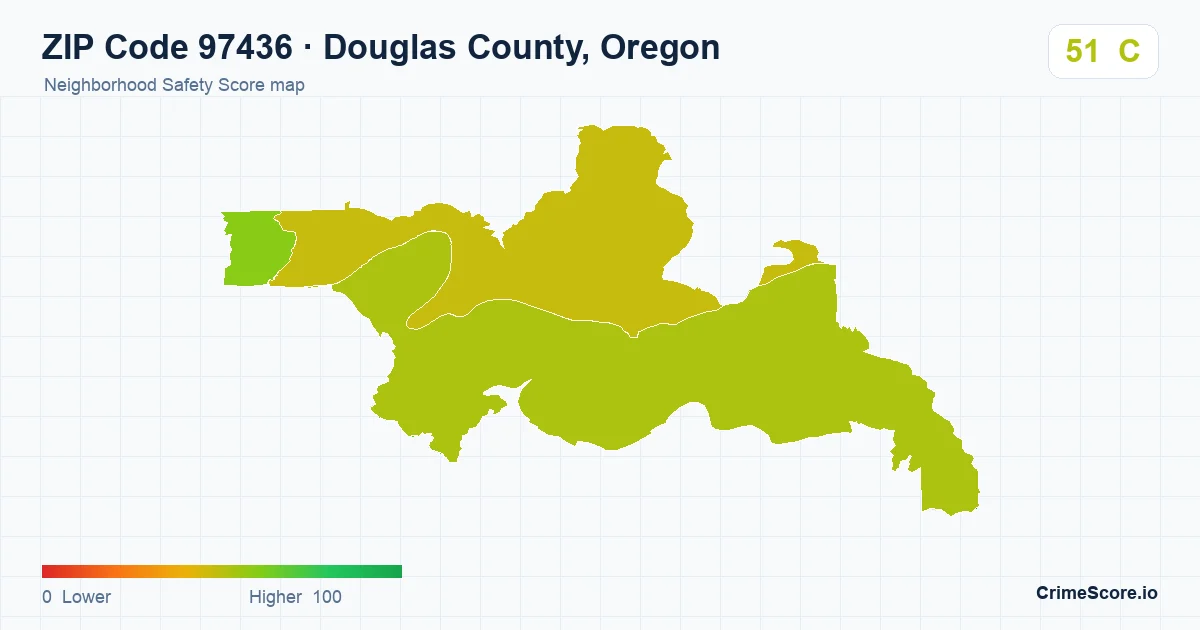 ZIP Code 97436 in Douglas County, Oregon neighborhood Safety Score map